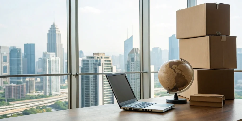 Office desk with moving boxes and a laptop in a city office for corporate relocation services.