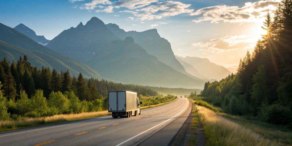 Cross country long distance movers truck driving on a highway at sunrise.