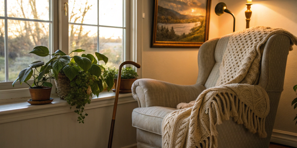 Moving companies for seniors and disabled help create a safe, comfortable new home with a cane by an armchair.