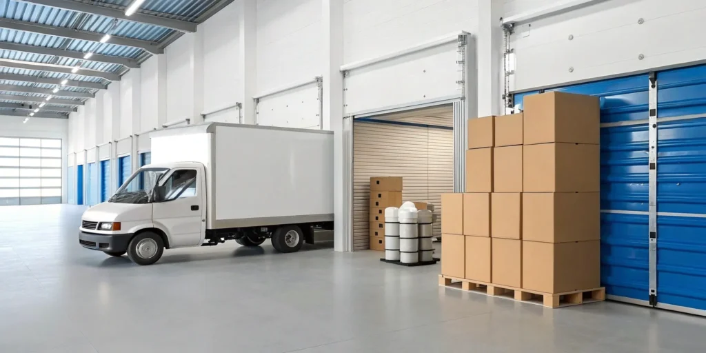 Expert moving and storage service with a truck and organized boxes in a clean storage unit.