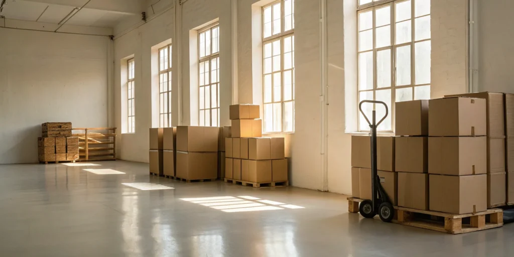 Stacks of moving boxes in a storage warehouse for a review of Best Price Moving and Storage.