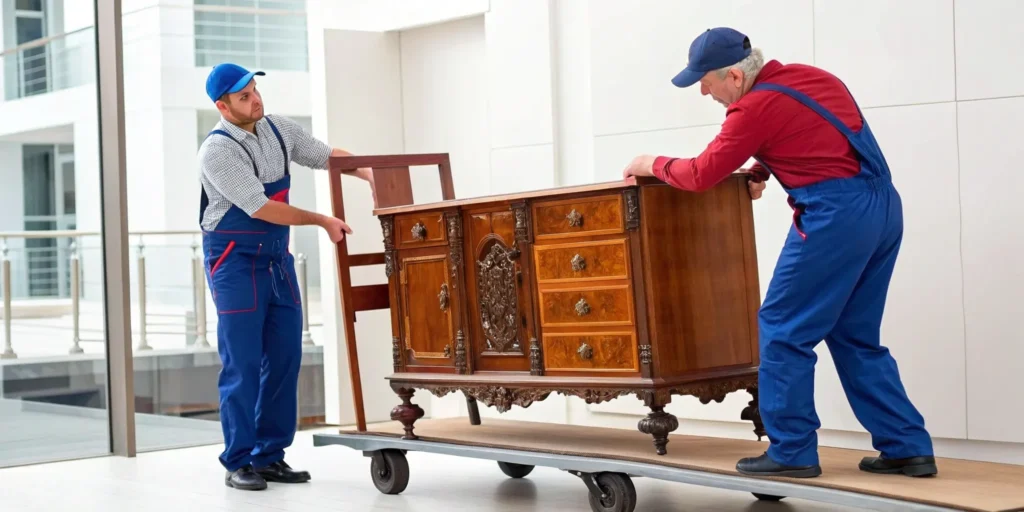 Professional movers handling antique furniture safely on a dolly for secure transport.