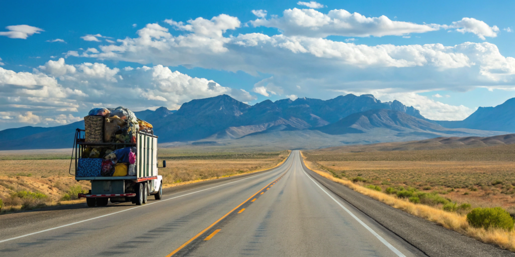 A cross country movers truck on a highway driving toward distant mountains.