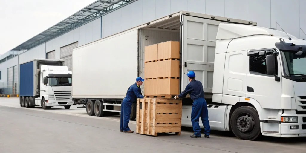Professional movers providing exhibit transportation services by loading crates onto a truck.
