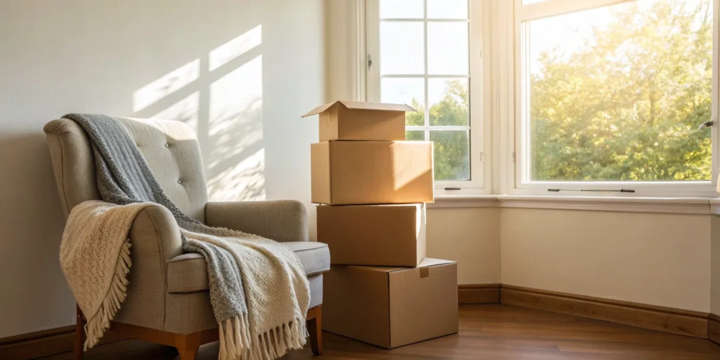 Cardboard boxes stacked by an armchair, ready for a packing and moving company.