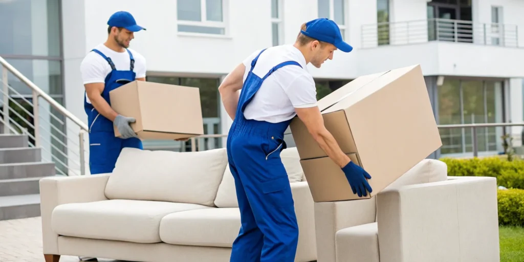 Cheap labor-only movers loading heavy furniture and moving boxes into a truck.