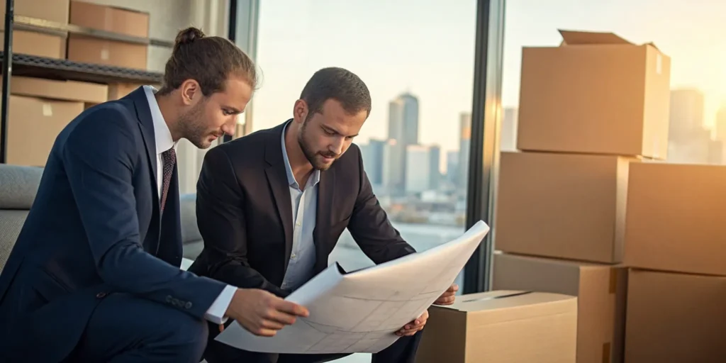 Employee relocation movers planning a corporate move with a client in an office surrounded by boxes.