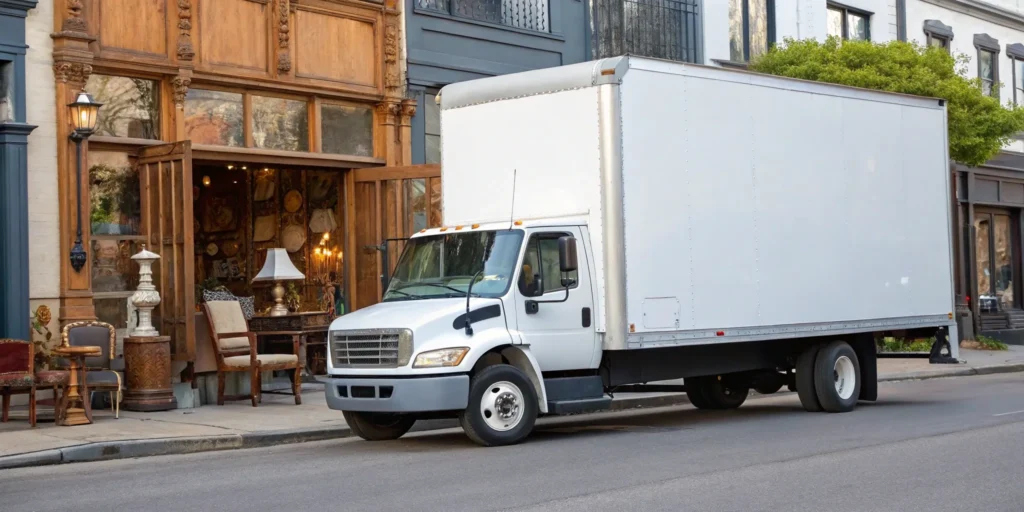 A truck from an antique moving company parked outside a shop.