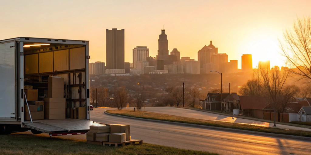 A moving truck in Kansas City at sunrise, loaded with boxes for moving and storage.