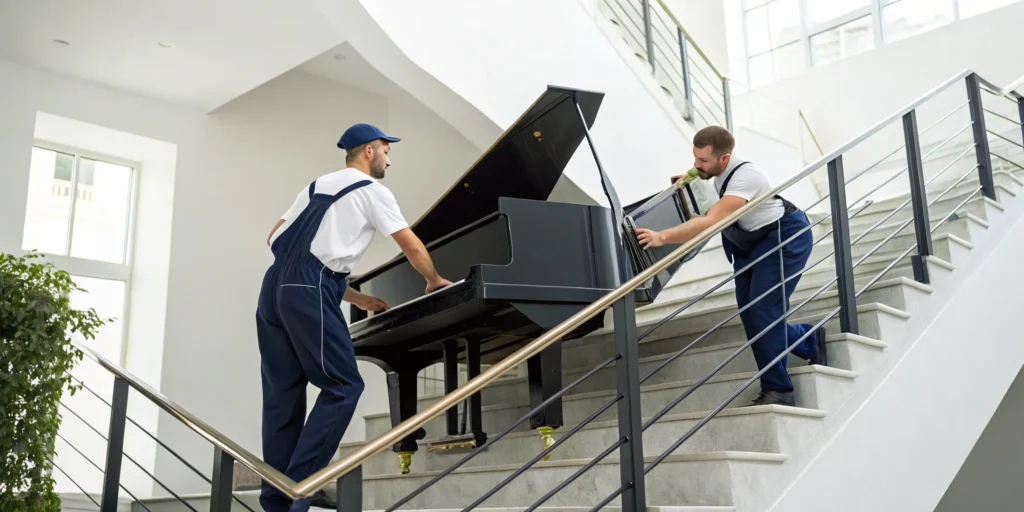 The best piano movers in uniform carefully carrying a grand piano up a staircase.