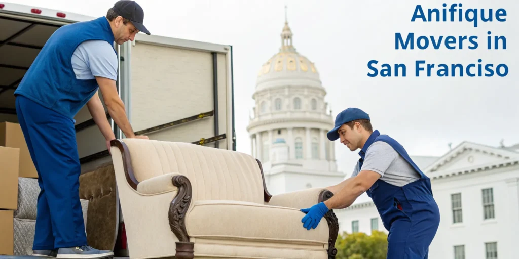 Trusted antique movers in San Francisco carefully handling a valuable sofa.