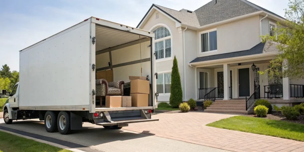 Licensed home and office movers in Maryland unloading furniture and boxes from a truck.