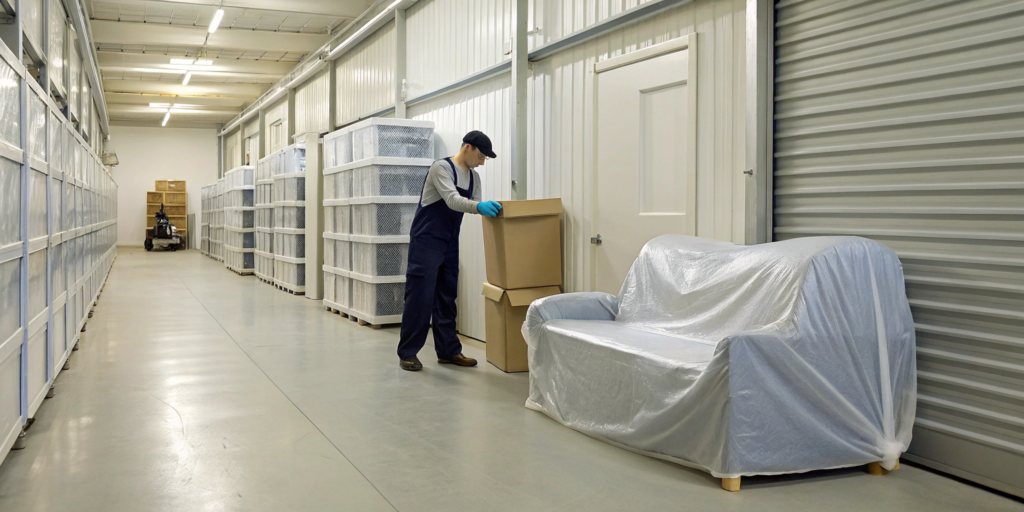 Movers with storage service organizing boxes and furniture in a secure unit.