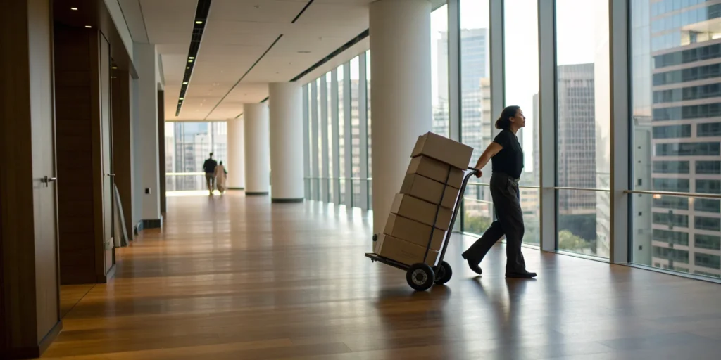 Office movers in NYC pushing a dolly stacked with boxes down a hallway.