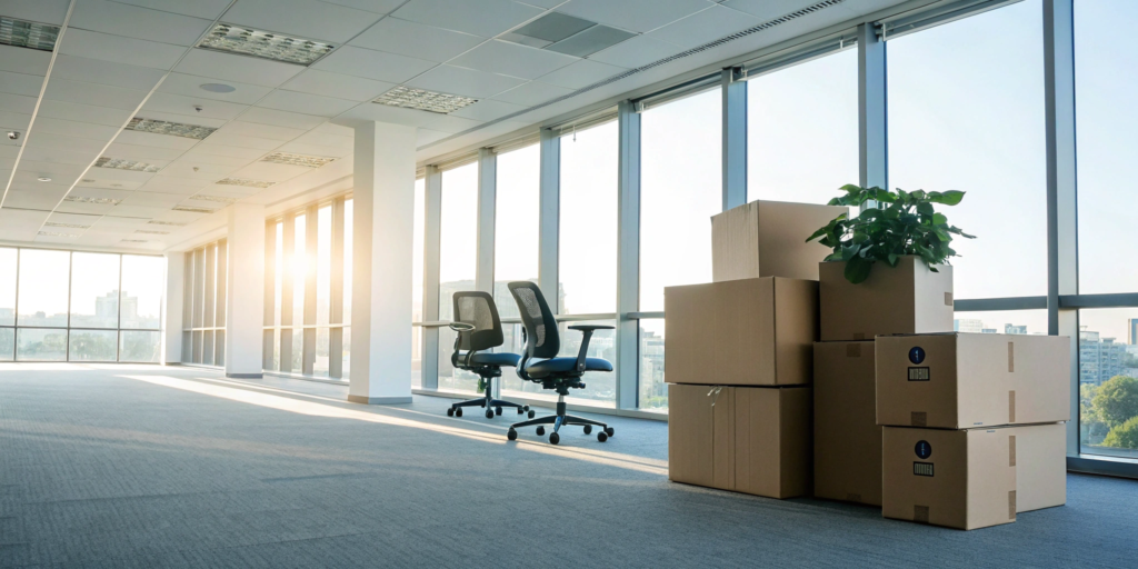 Stacked moving boxes and office chairs in an office prepared for a move by professional movers.