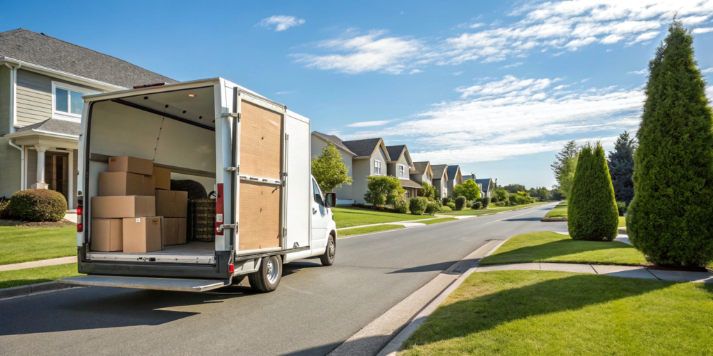 A moving van from one of the best moving companies parked outside a home with boxes.