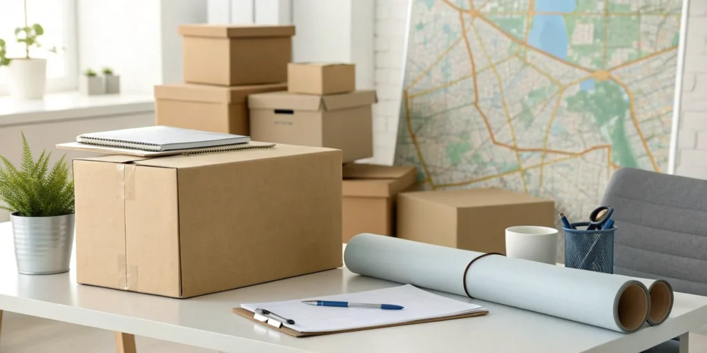 A cross country moving checklist on a desk with packing supplies and boxes.