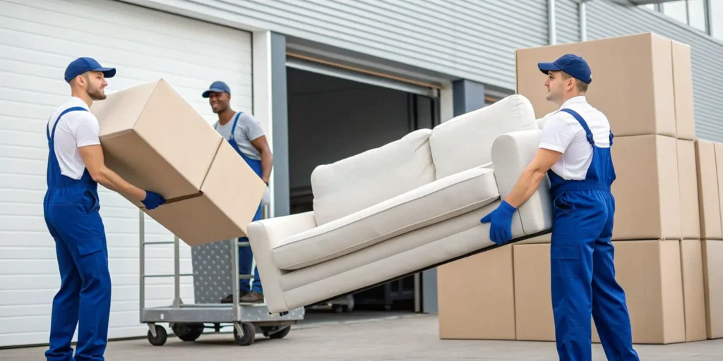 A heavy item moving service team carefully lifting a large sofa.