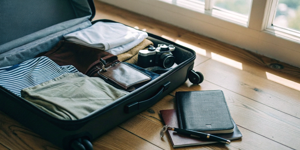 Open suitcase with packed clothes and travel documents for a long distance moving company.
