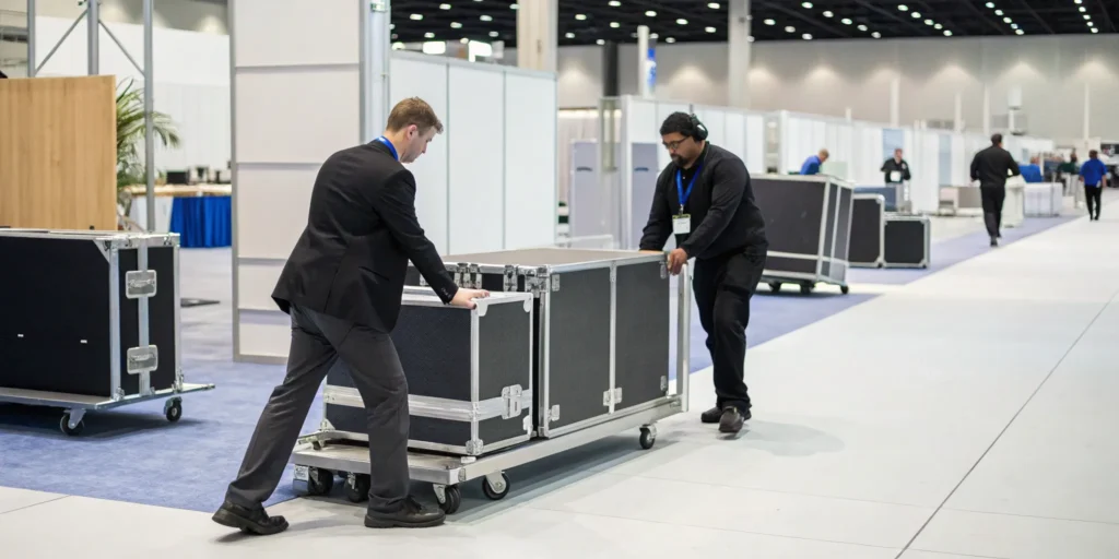 Professional trade show movers handling exhibit logistics in a convention center.