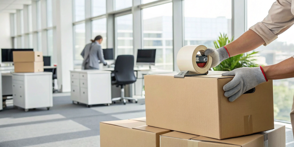 Commercial movers packing office furniture and equipment for a business relocation.