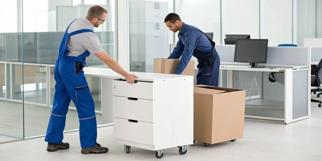 Commercial movers in Denver, CO handling a professional office relocation with boxes and equipment.