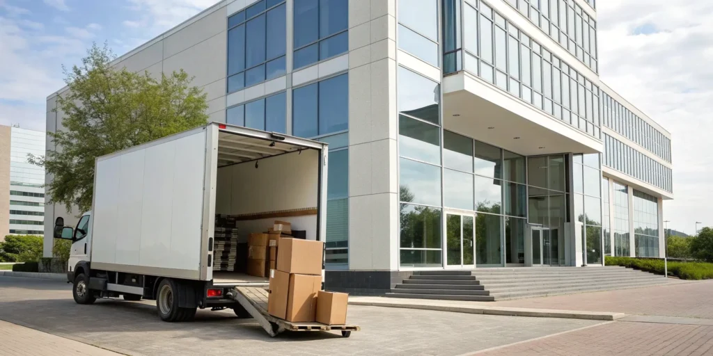 Cross country movers in Philadelphia unload boxes from a truck outside a modern building.