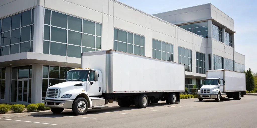 Two trucks from the best commercial movers parked outside a modern office building.