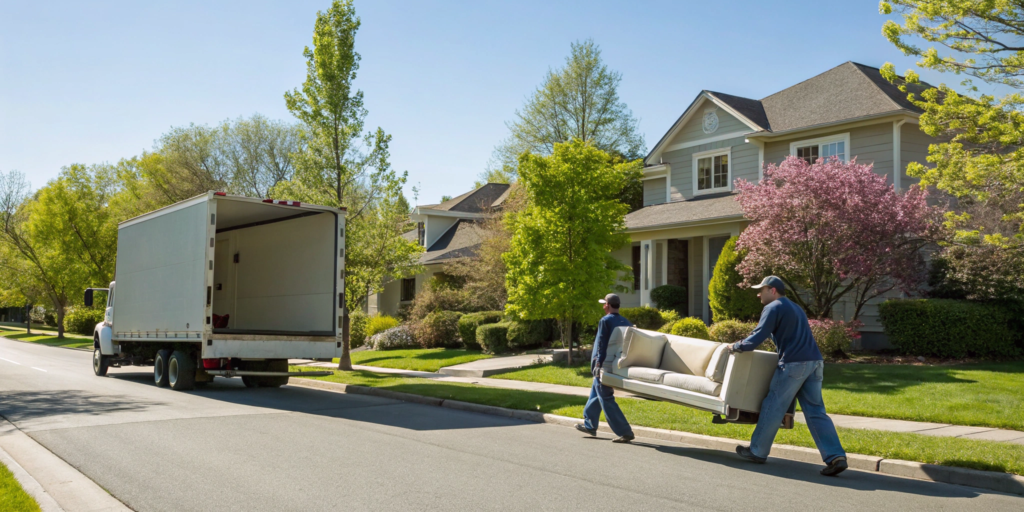 A local moving company crew loads a sofa onto a moving truck.
