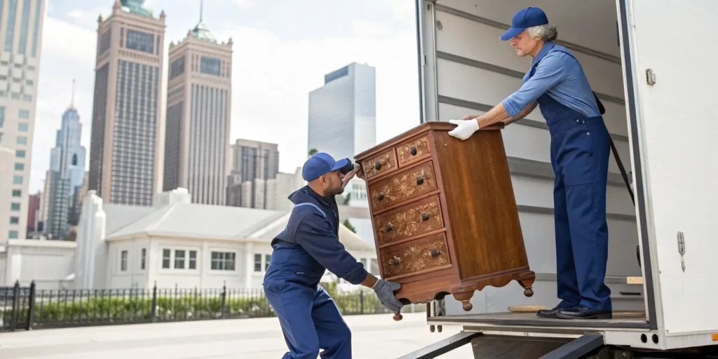 Trusted antique movers in Chicago carefully loading a valuable vintage dresser into a truck.