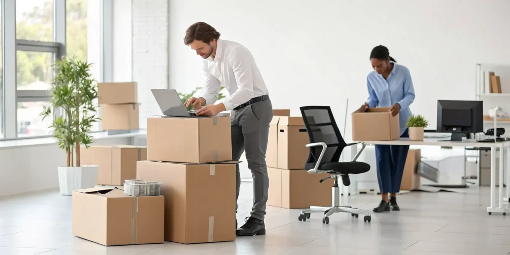 Office workers packing boxes, a key factor in how much it costs to move an office.
