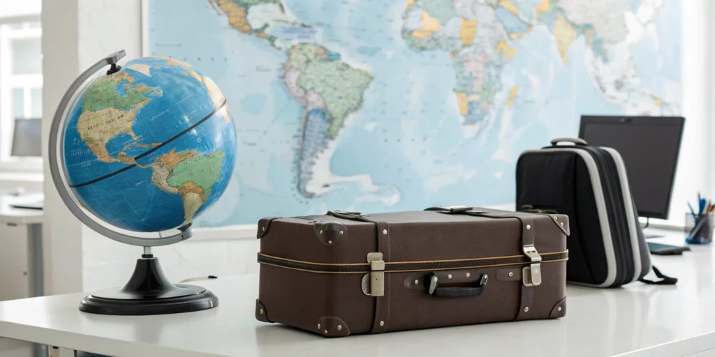 Planning how much it costs to move internationally with a globe, suitcase, and map.
