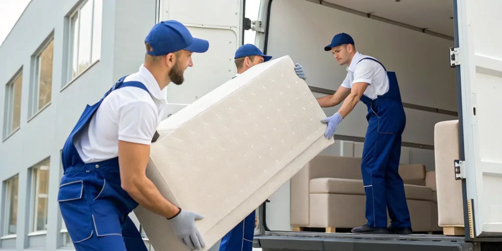 Heavy item movers in Los Angeles carefully loading a large crate onto a moving truck.