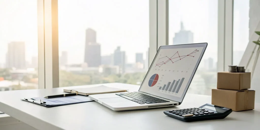 Laptop, calculator, and moving boxes used to find the cheapest long distance moving company.