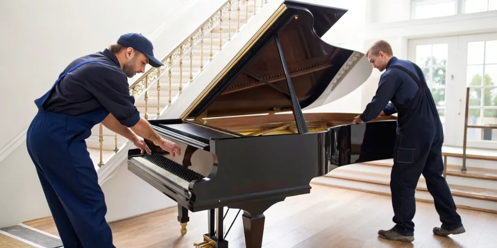 Two people safely lift a grand piano, a key step in how to move a piano.