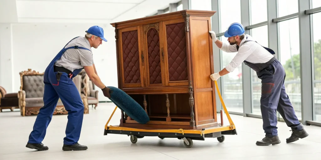 Professional movers carefully move a valuable piece of antique furniture.