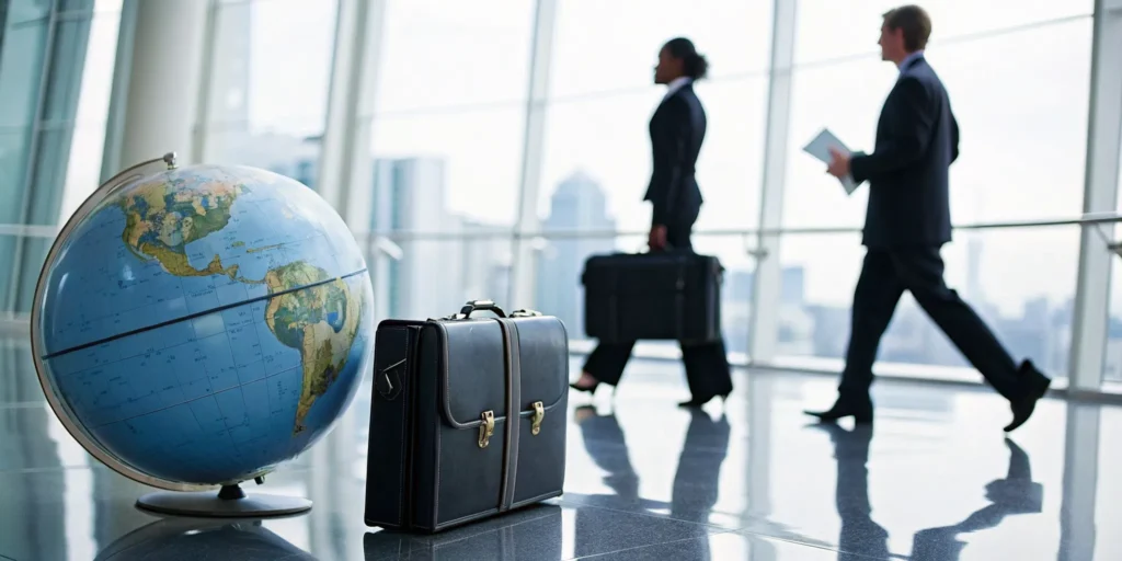 An international relocation partner assists professionals with their luggage in an airport.