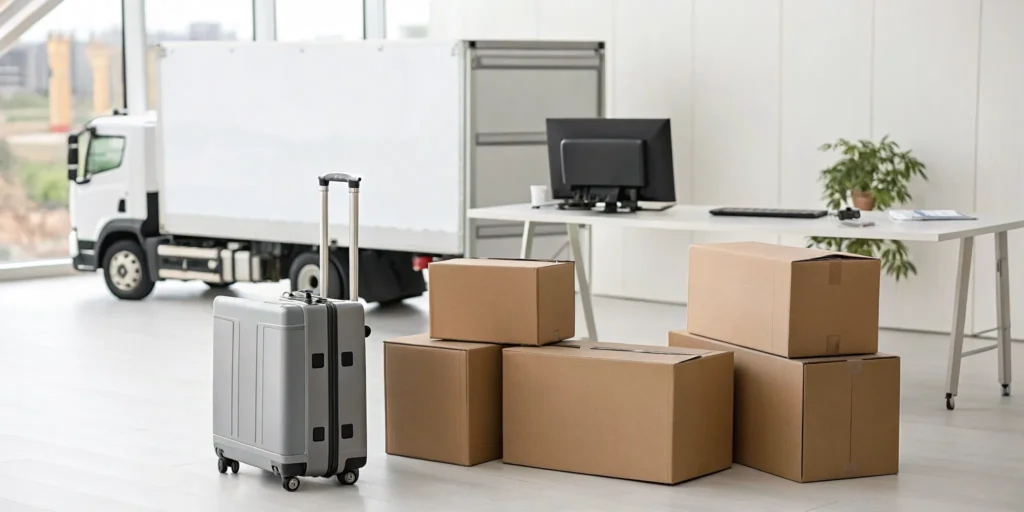 Boxes and furniture packed for an international move, a major factor in the overall cost.