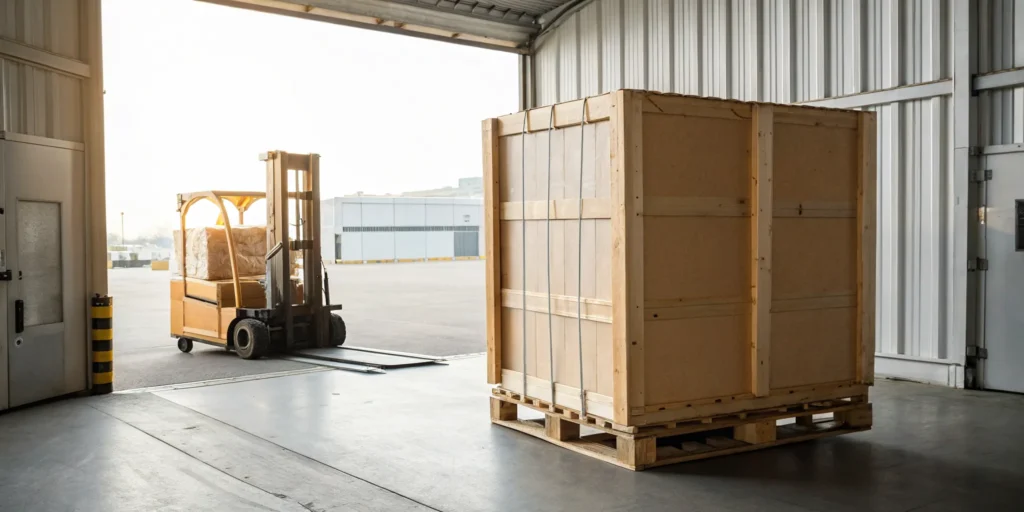 Forklift loading a wooden liftvan at a warehouse for an international shipment.