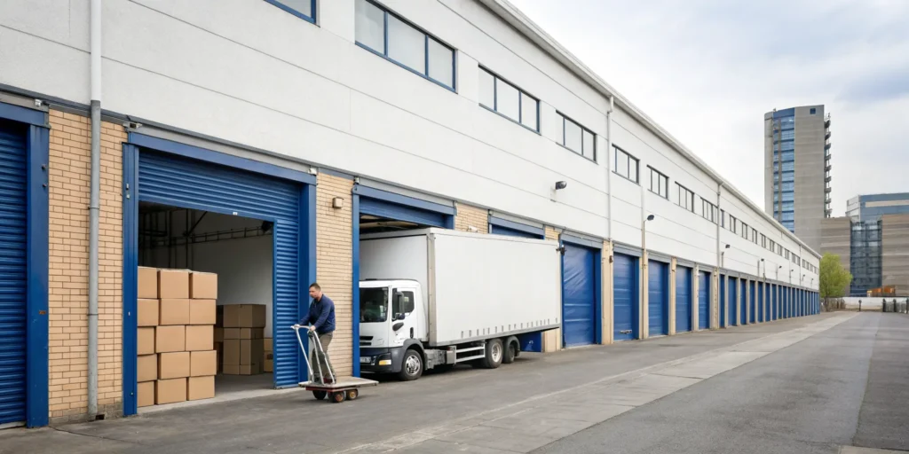 A moving truck and boxes at a Manchester Moving and Storage warehouse.