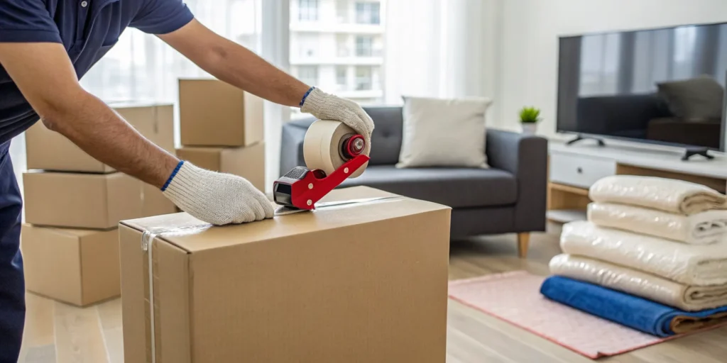 Mover from a Chicago moving and packing company carefully packing boxes.